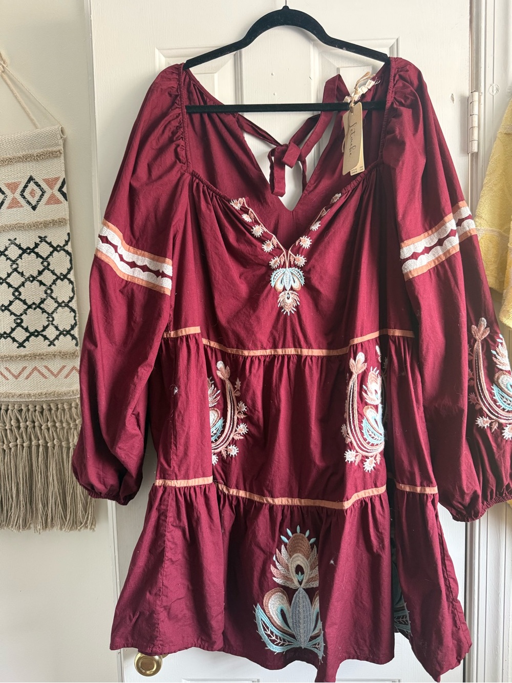 Anthropologie Women's Let Me Be Embroidered Tunic Dress Raspberry Red